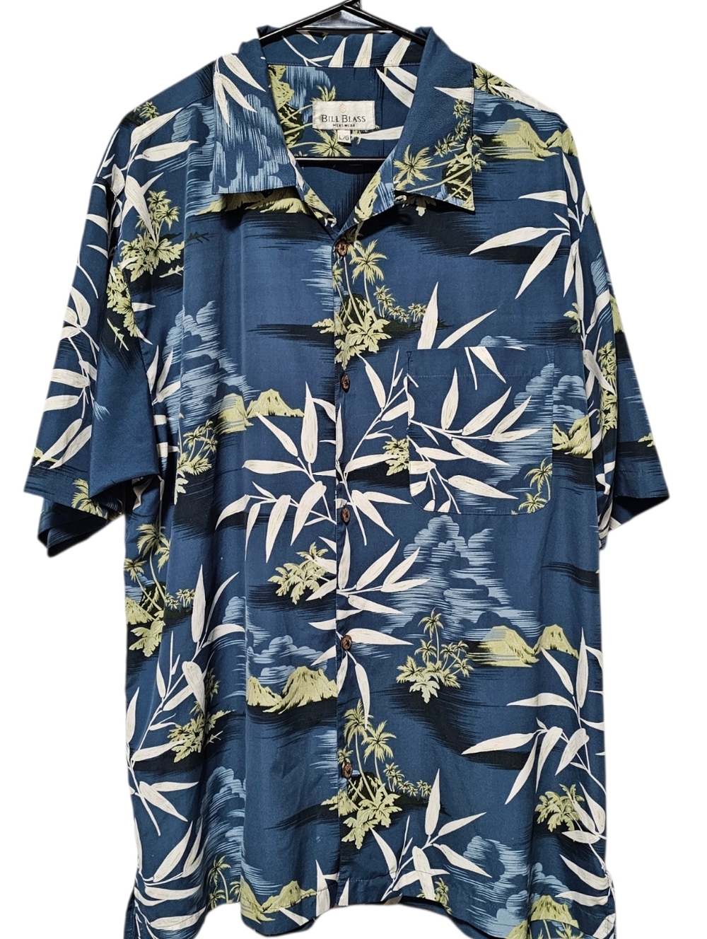 Bill Blass Men's Blue Hawaiian Print Short Sleeve Button Down Size L